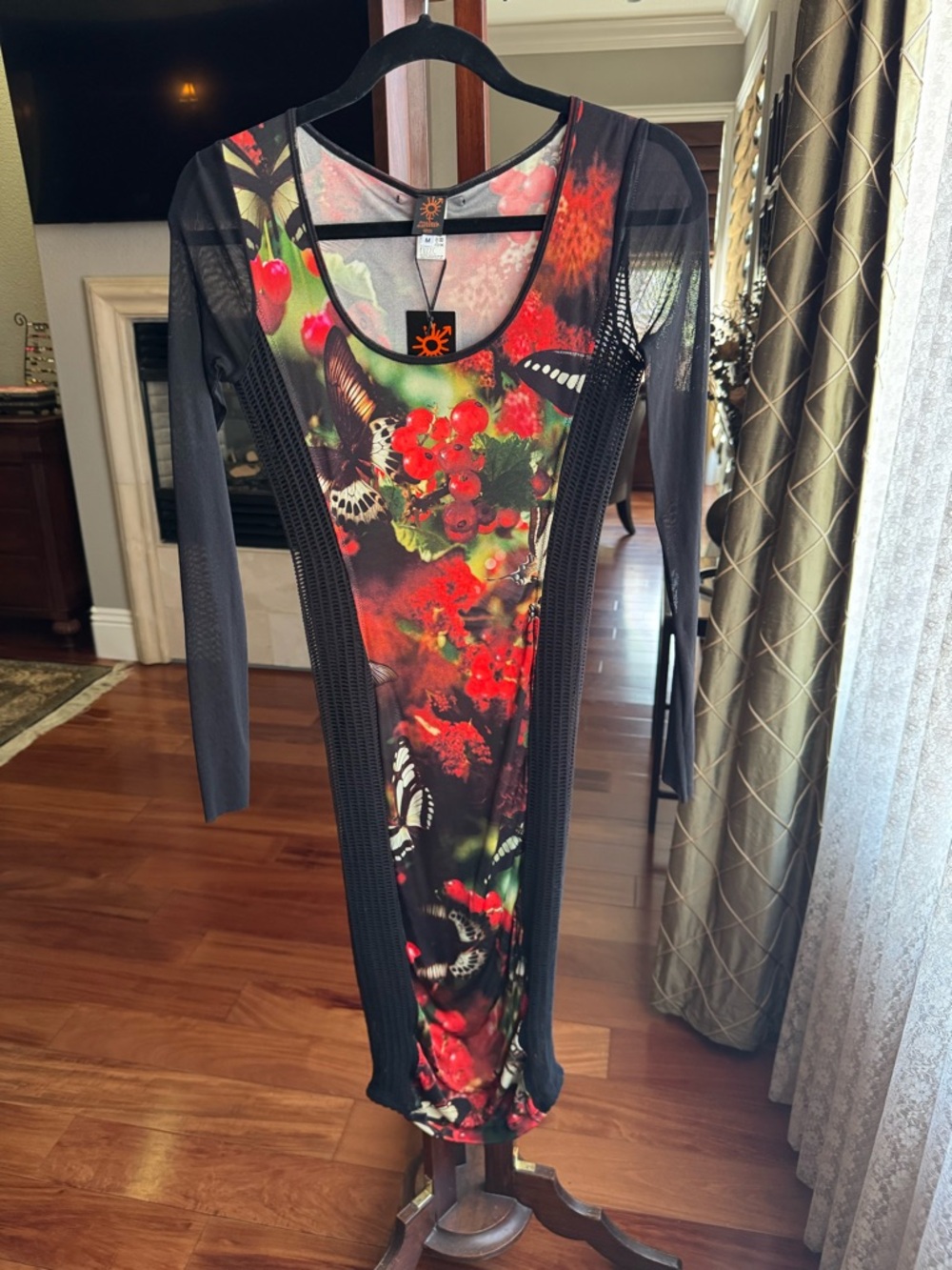 Jean Paul Gaultier Black Dress with Red Floral & Butterfly Print